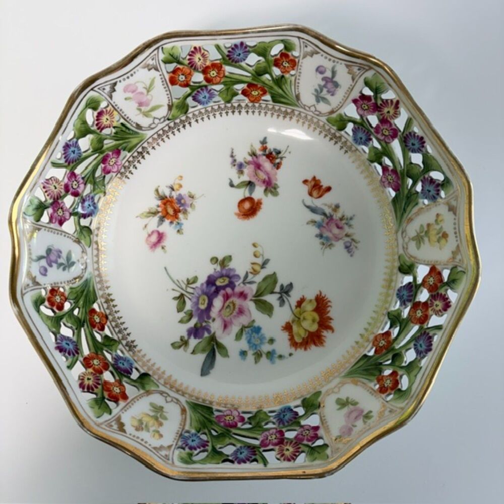 Vintage Rudolf Wachter RW Bavaria Reticulated Floral Porcelain Bowl Gold Trim